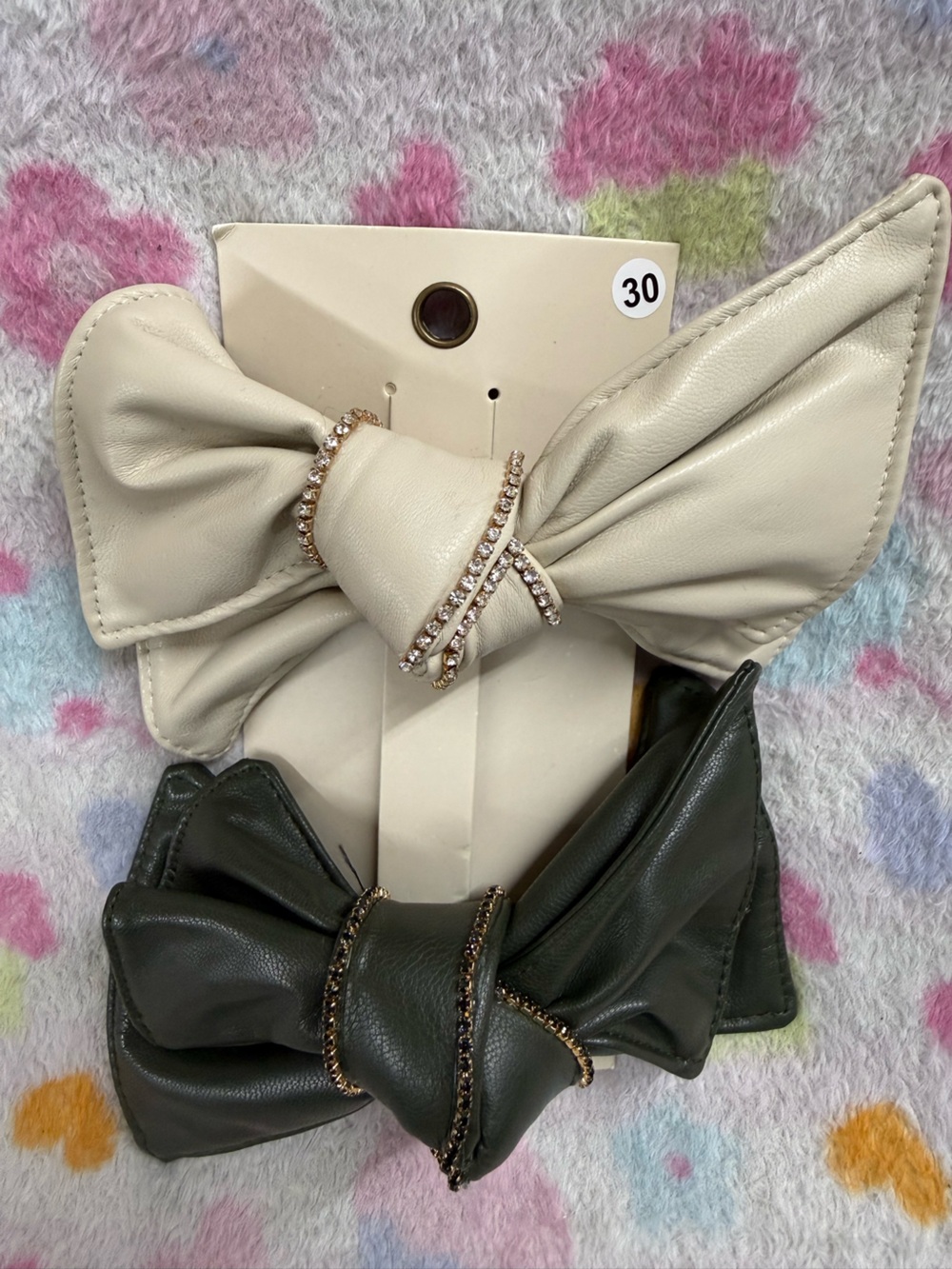 Anthropologie Cream and Dark Green Bow Hair Clips with Rhinestone Wraps